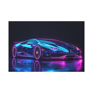 Impresionante superdeportivo Lamborghini Huracán en azul neón sobre lienzo. Bonita foto de un póster del Lamborghini Huracán para decorar el hogar.