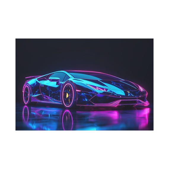 Cool Lamborghini Huracan Supercar on Blue Neon Color on Canvas