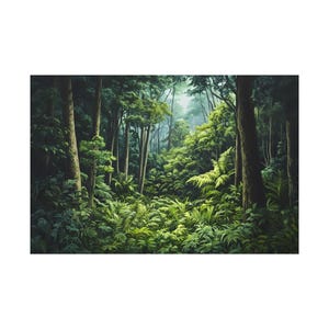 Beautiful Lush Tropical Jungle Oil Painting On Canvas Wall Art Print, Mahogany Forest Home Decor, Rainforest Painting Print