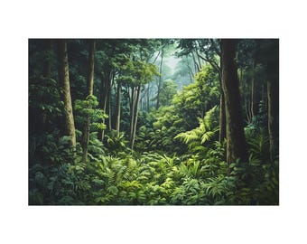 Beautiful Lush Tropical Jungle Oil Painting On Canvas Wall Art Print, Mahogany Forest Home Decor, Rainforest Painting Print