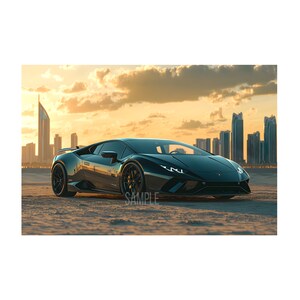Descarga digital de arte mural: Lamborghini Huracán con puesta de sol. Bonita foto del superdeportivo Lamborghini Huracán para decorar tu hogar. JPG.