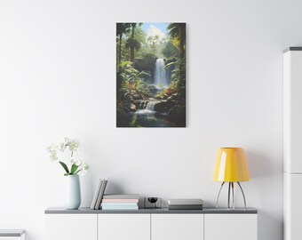 森の中の小さな熱帯の滝を描いた油絵（キャンバスウォールアート