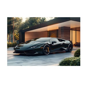 Impresionante supercoche Lamborghini Huracan negro en el frente de una casa moderna, impresión artística sobre lienzo para pared. Lamborghini Huracan para decoración del hogar.