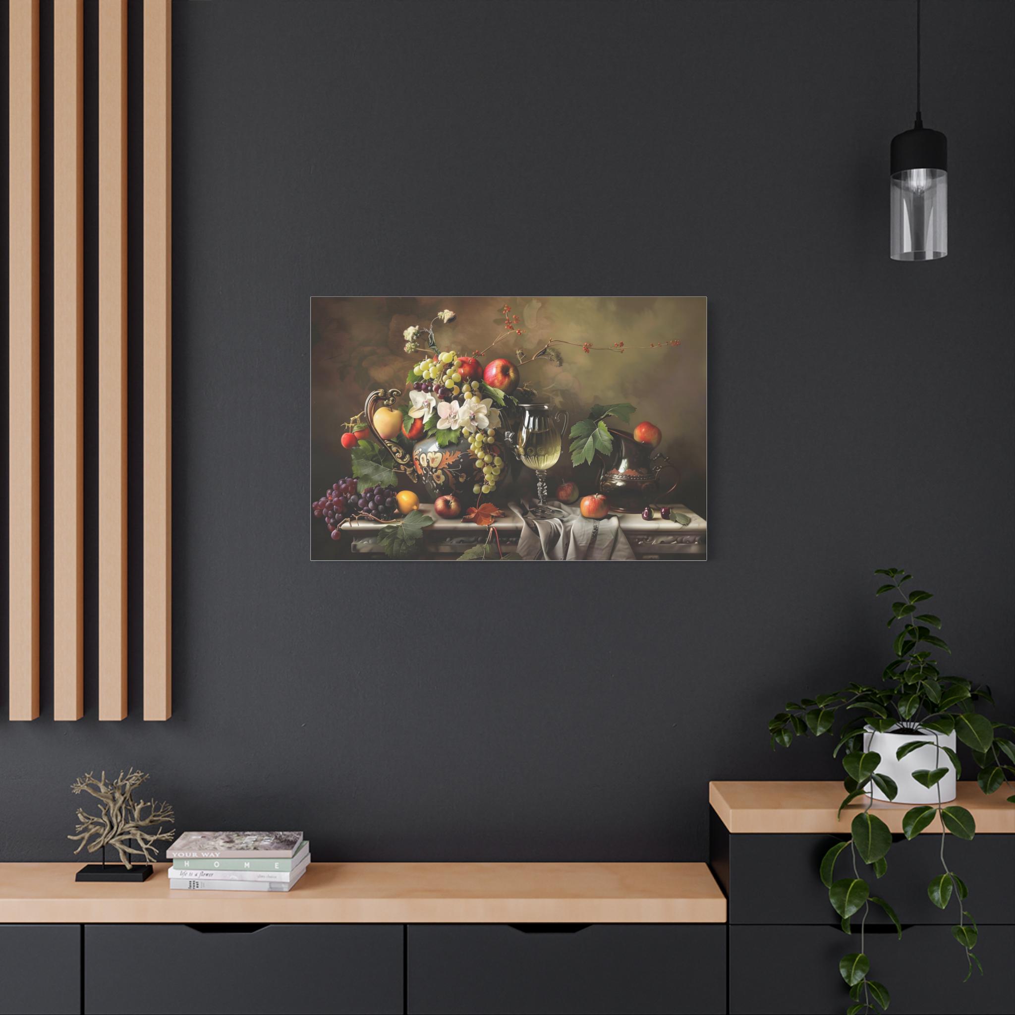 テーブルの上の花と果物を描いた静物画。キャンバスに油絵をプリント