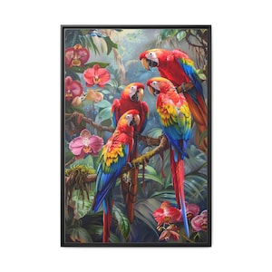 Beautiful red parrots on the tree and orchid flowers on the forest of oil painting on canvas wall art print. Home decor of cool parrot bird.