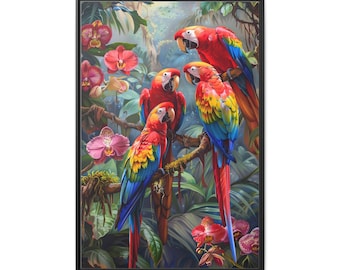 Beautiful red parrots on the tree and orchid flowers on the forest of oil painting on canvas wall art print. Home decor of cool parrot bird.