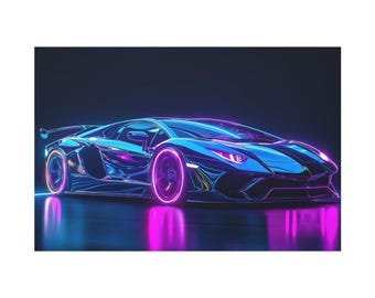 Lamborghini aventador supercar on blue neon color on canvas wall art print. Neon blue  lamborghini aventador car poster for home decor.