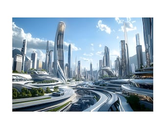 Beautiful Future City With Many Hitech Skyscrapper on Canvas Wall Art Print. Urban Landscape Poster, Sci-Fi Home Art, Office Decoration