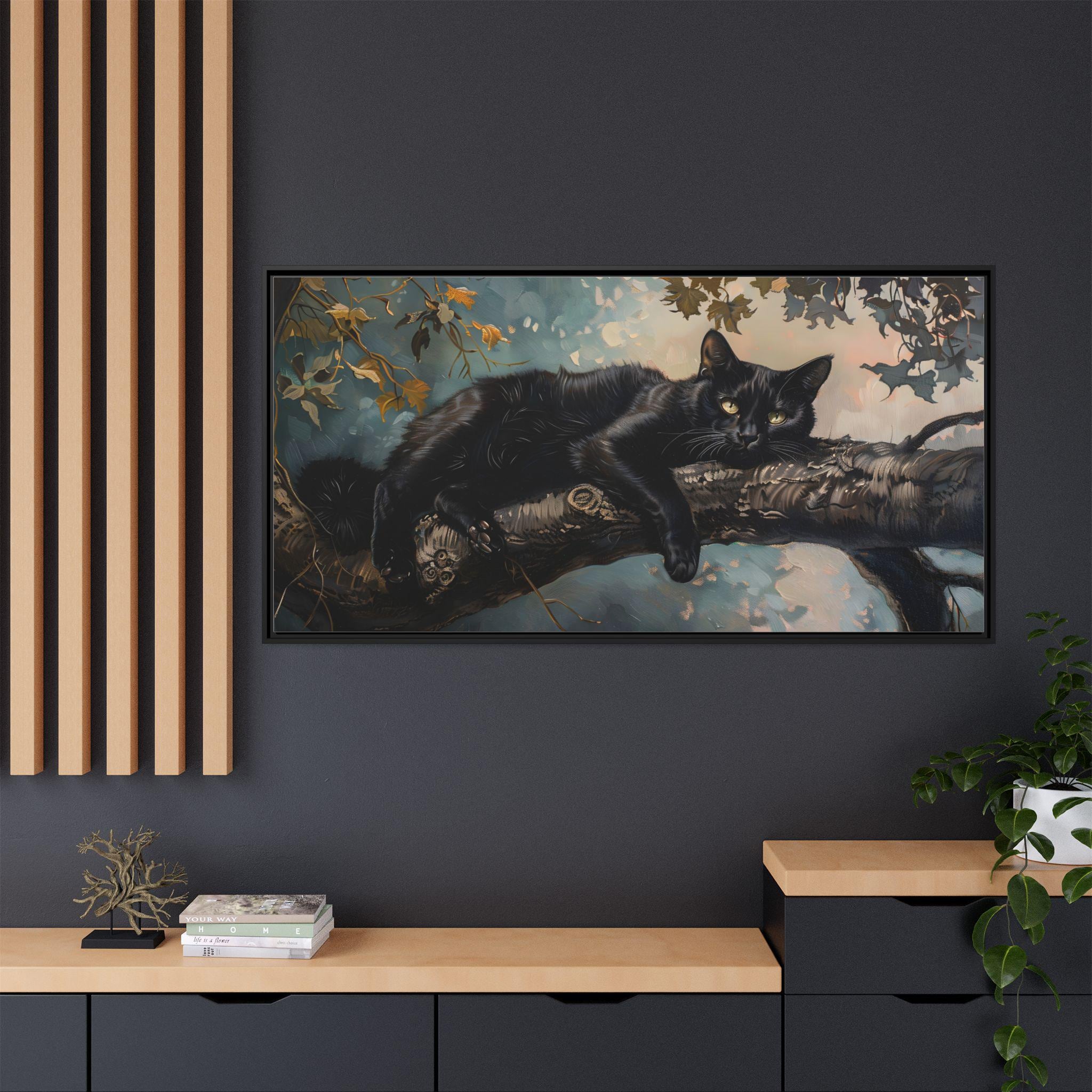木に寝そべるクールな黒猫の油絵（キャンバスウォールアートプリント