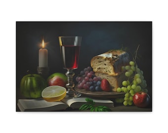 Still Life Fruit and Wine Canvas.  Bread And Fruits Oil Painting style on Wall Art Print. Green Grapes, Apples, Lemon art For Home Decor.