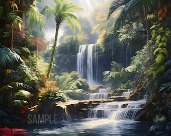 Small Waterfall on Tropical Forest Oil Painting On Digital Download Wall Art. Small Waterfalls At The Morning Poster For Home Decor. Jpg.