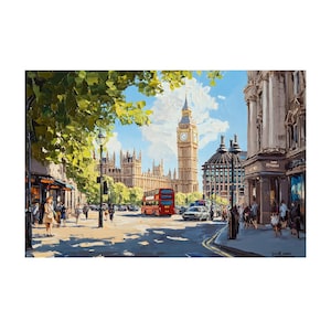 Busy Streets In The Middle of London Oil Painting On Canvas Wall Art Print, Home Decor, Cityscape Art, Urban Scene Decor , Big Ben and Bus
