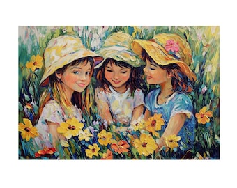 Nice Girls and Summer Flowers on Classic Van Gogh Style Oil painting On Canvas Wall Art Print, Home Decor Gift Idea, Floral Artwork for her
