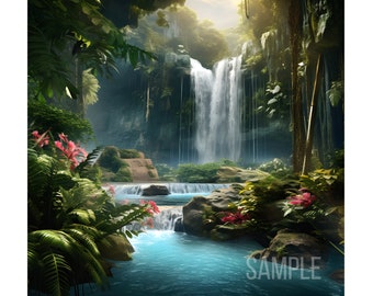 Beautiful Waterfall and blue pond with flower on tropical forest on Digital download. Amazing water fall photo for wall art home decor. Jpg