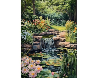 Beautiful Flowers Garden Pond On Backyard oil painting on Digital Download Wall Art. Garden Poster for Nature Lover. Home decor.