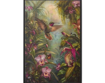 Beautiful orchid flowers in the forest and hummingbirds of oil painting on canvas wall art print. Hummingbird and flower gift for bird lover