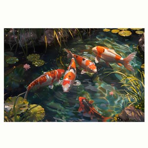 5 koi fish in the pond oil painting on canvas wall art print. Beautiful fresh water fish painting for home decor.