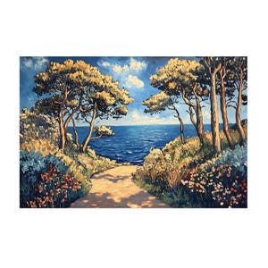 Trees, Path and Beach Landscape on Van Gogh Style Oil Painting On Canvas Wall Art Print. Gift for Nature lover, Natural Home Decor,