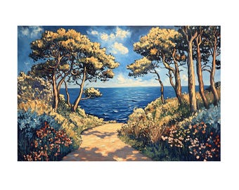Trees, Path and Beach Landscape on Van Gogh Style Oil Painting On Canvas Wall Art Print. Gift for Nature lover, Natural Home Decor,