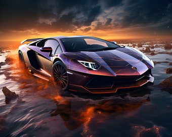 Lamborghini Aventador on Galatic Landscapeon Digital Download Wall Art. Beautiful Sunset With Lamborghini Supercar For Home Decor. Jpg