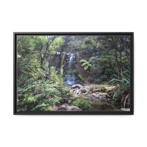 Tropical Forest And Small Waterfall On Canvas Wall Art Print. Trees And Shrubs Around The Creek For Home And Office Decor. Ready To Hang.