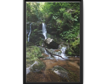 Waterfall View And Trees on The Forest - Small Water Fall With Large Pieces of Wood Photo On Canvas Wall Art Print. Vertical Frame