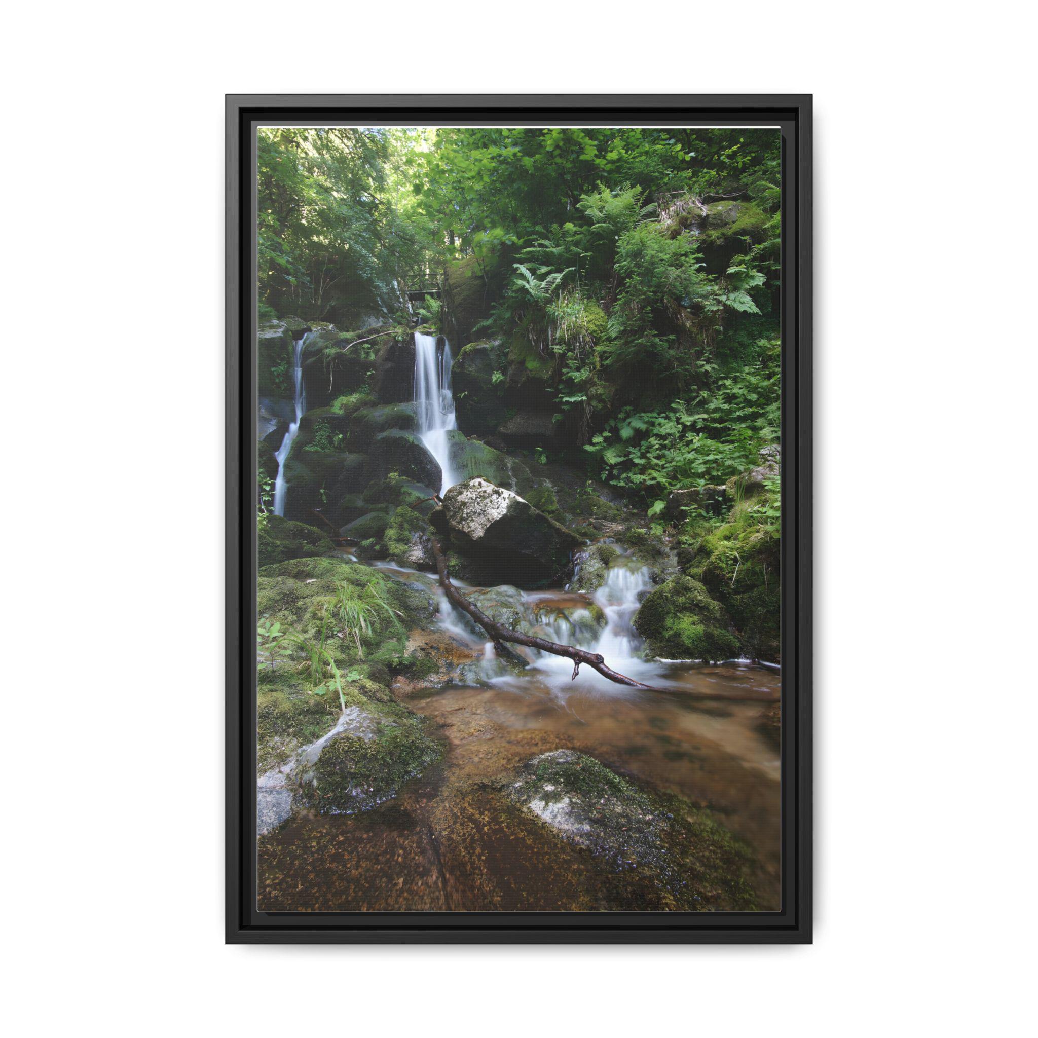 Waterfall in the Forest among the Mountain Range at Sunset. AI