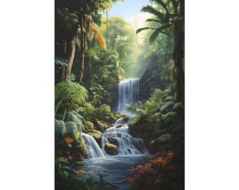 Beautiful Tropical Waterfall On The Deep Forest Oil Painting On Canvas Wall Art Print. Small Waterfall On River On Poster for Home Decor.
