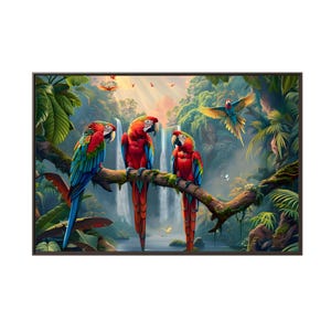 The beauty of a big waterfall in the morning with nice parrots of oil painting on canvas wall art print. Nice parrot bird view as home decor