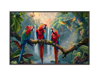 The beauty of a big waterfall in the morning with nice parrots of oil painting on canvas wall art print. Nice parrot bird view as home decor