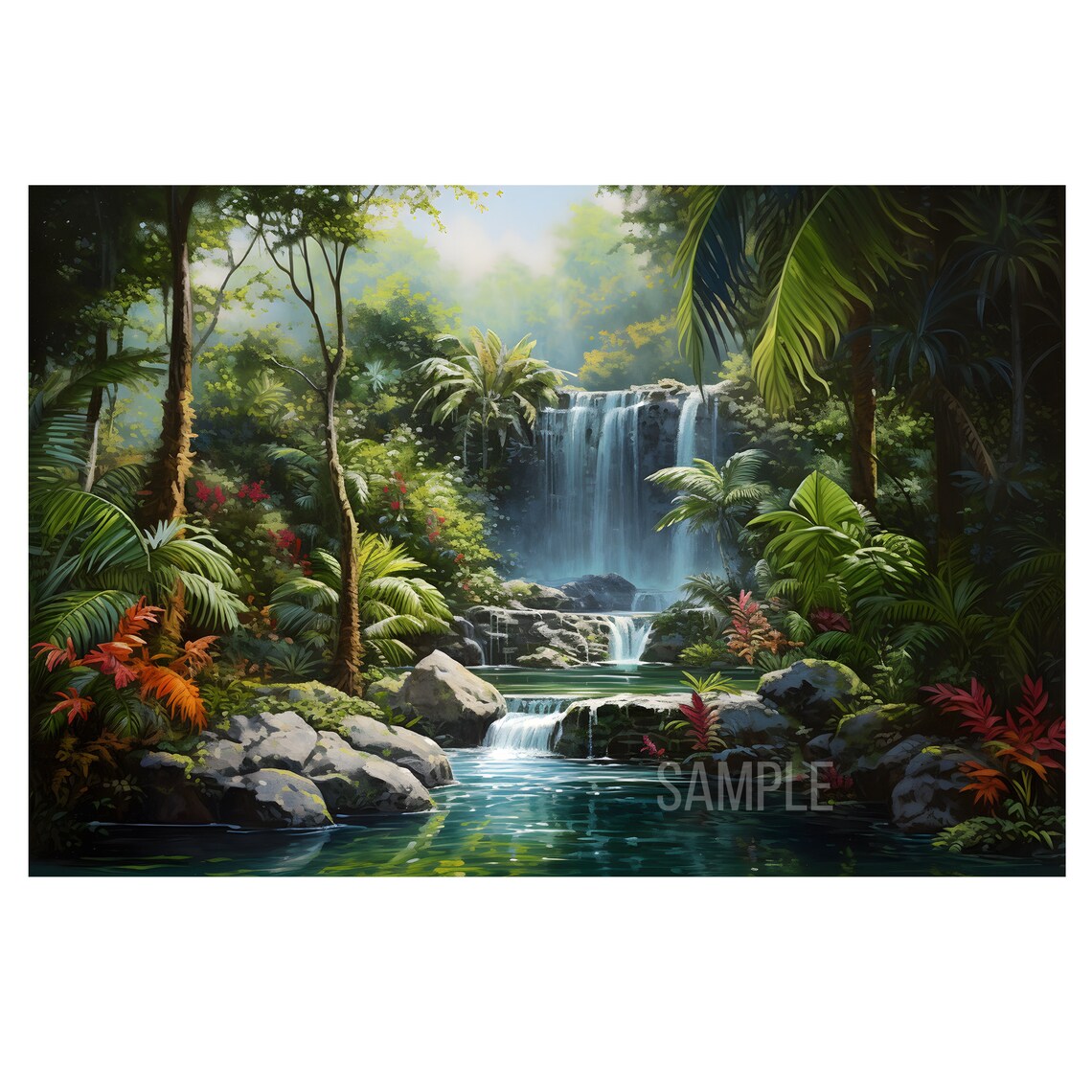 Waterfall on Tropical Forest Oil Painting on Digital Download Wall Art ...