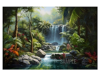 Pintura al óleo de una cascada en un bosque tropical, descarga digital. Póster "Hermosas cascadas al día" para decoración del hogar. Jpg.