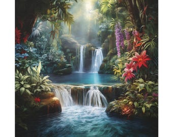 Beautiful Tropical Blue Waterfall With Flower On The Forest On Canvas Wall Art Print. Cool Water Fall Photo For Gift As A Home Decor