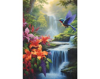 A Beautiful Hummingbird With Red Flowers On Waterfalls On The Morning Oil Painting On Canvas Wall Art Print. Blue Colibri Bird Home Decor