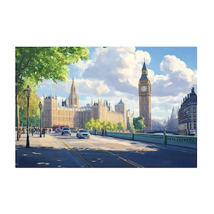 London Streets During The Day, Big Ben And The Bridges Oil Painting On Canvas Wall Art Print, London Landmark, Gift Idea, Cityscape Art