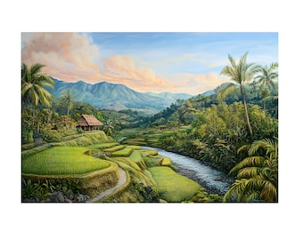 Beautiful Green Rice Field Landscape On Mountain in Bali Oil Painting  On Canvas Wall Art Print, Home Decor, Nature Wall Decor,