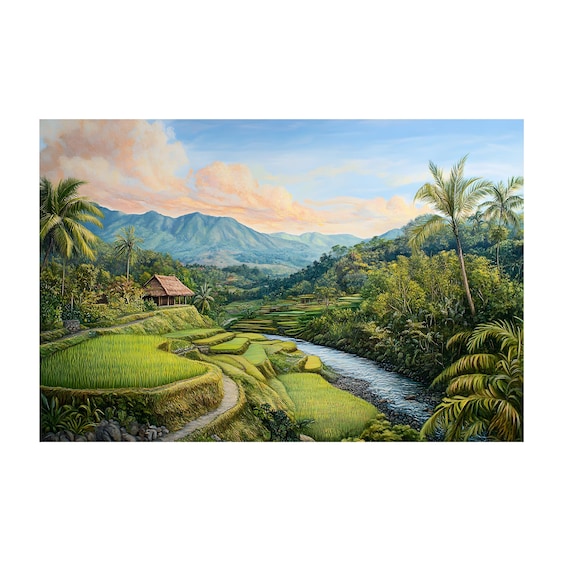 バリ島の山の美しい緑の田んぼの風景油絵キャンバス壁アートプリント