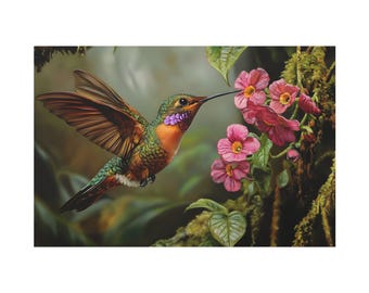 キャンバスウォールアートプリント、ピンクの花と美しいハチドリ、油絵、動物、鳥 - ホームデコレーション、自然愛好家へのギフト、花のアートワーク、