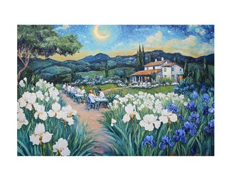 Irises Flower Garden Landscape on Van Gogh Style Oil Painting On Canvas Wall Art Print, Home Decor Poster, Gift for Art Lovers, Housewarming