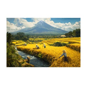 美しい黄色の田んぼの風景油絵、バリ島の山々を描いたキャンバス壁