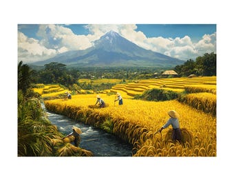 キャンバスウォールアートプリント、水田を収穫する農家の油絵、熱帯の
