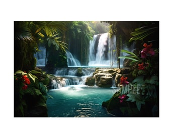 Cool tropical waterfall and blue pond with flower on forest on digital download. Beautiful water fall photo for wall art home decor. Jpg.