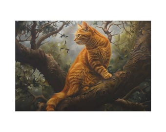 Orange cat sitting on the branch of the tree oil painting on canvas wall art print. Cute cat pet animal pianting for pet lover gift.