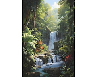 Tropical Waterfall On The River Oil Painting On Canvas Wall Art Print. Beautiful Waterfall On the Forest On Poster for Home Decor.