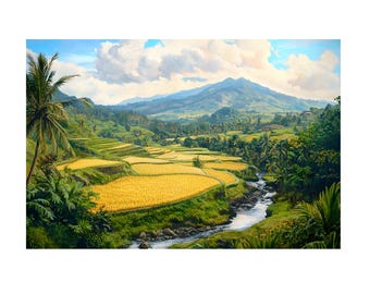 Canvas Print, Yellow Rice Field Landscape, Bali Mountain Oil Painting Wall Art, Home Decor, Nature Print
