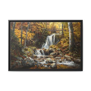 Stunning autumn river landscape oil painting on canvas wall art print. Nice art of oil painting landscape of waterfall on river and forest.