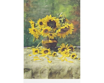 Sun flower Painting On Vase On Classic Canvas Wall Art Print. Beautiful  Flowers Painting For Home Decor And Office.