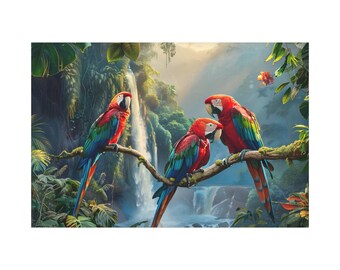 Scarlet Macaws Jungle Canvas. Parrots on waterfall zone on oil painting style for wall art print. A parrot bird poster for home decor.