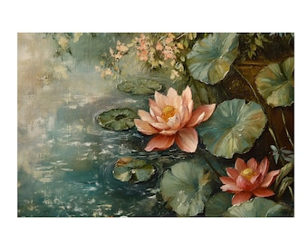 beautiful Lotus Flowers Oil Painting on Canvas Wall Art Print Poster, Stretched Matte Print, Home Decor, Floral Artwork, Zen Decor
