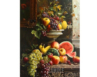 Beautiful fruits on the table oil painting instant digital download wall art. Watermellon, apple, and grape fruit painting for home decor.